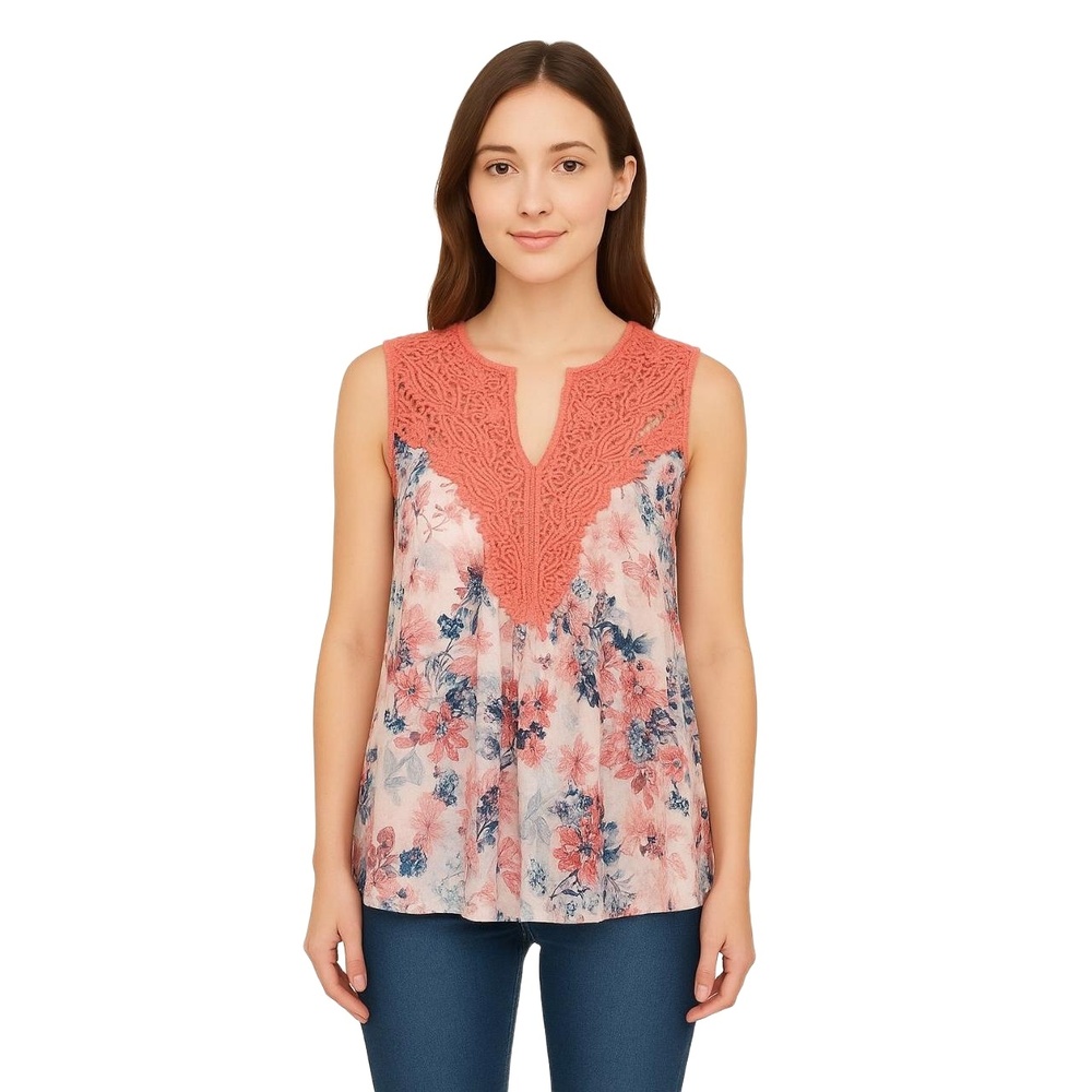 SOLITAIRE Women’s Crochet Yoke Floral Sleeveless Tunic Top‎ Size S